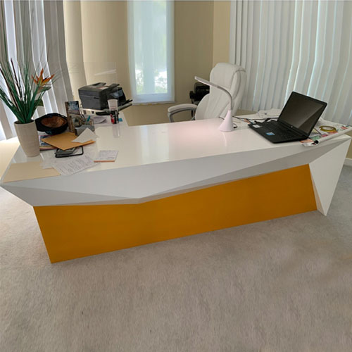 White and yellow dimond shape office wooden computer desk