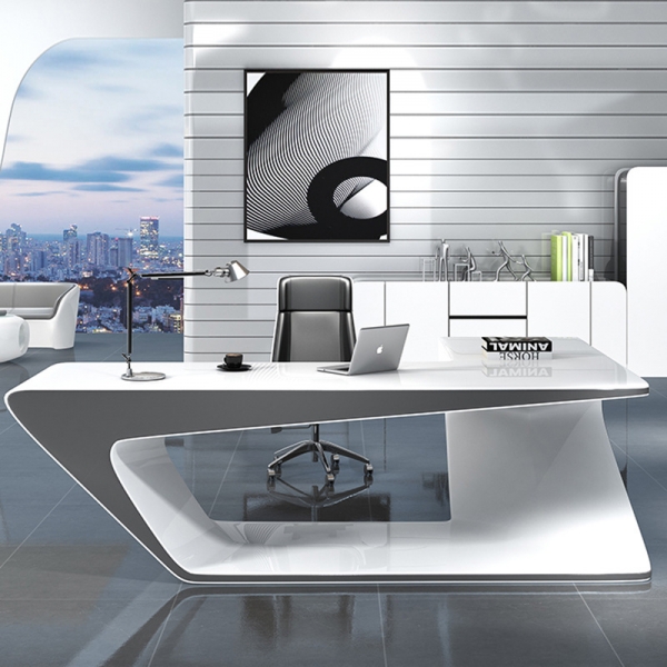 White and Light Gray L Executive Office Desk Table