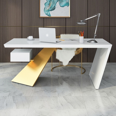 Office computer table with gold metal frame and drawer