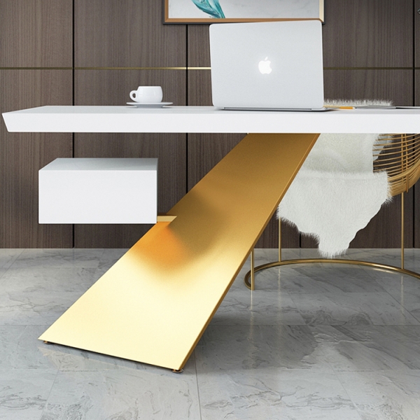 Office computer table with gold metal frame and drawer
