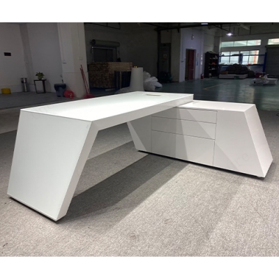 L Shape Staff Office Desk Matte White Corian Work Table Furniture