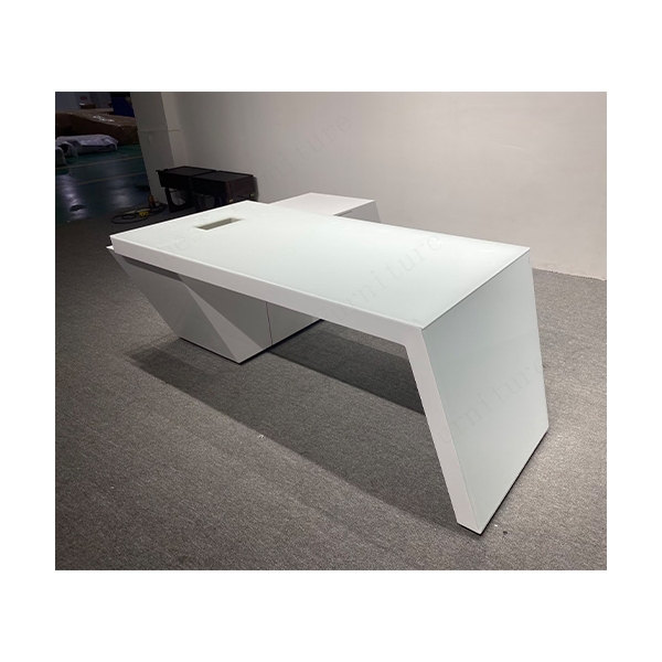 L Shape Staff Office Desk Matte White Corian Work Table Furniture