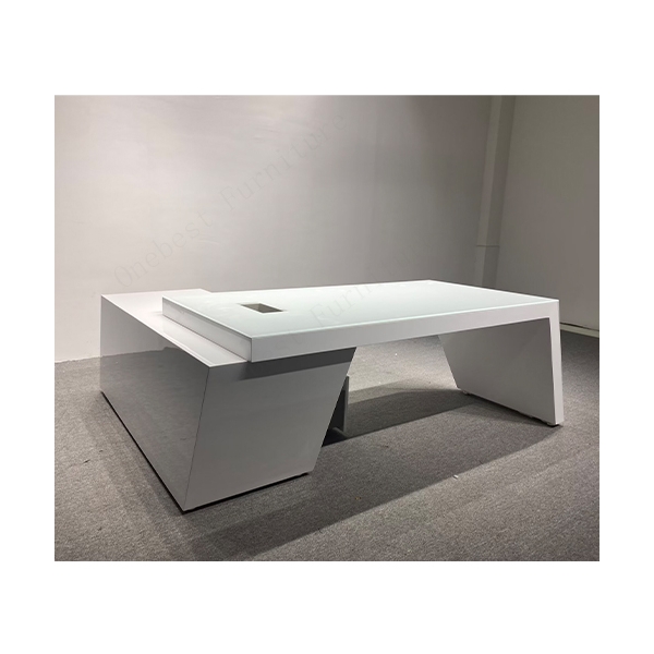 L Shape Staff Office Desk Matte White Corian Work Table Furniture