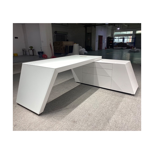 L Shape Staff Office Desk Matte White Corian Work Table Furniture