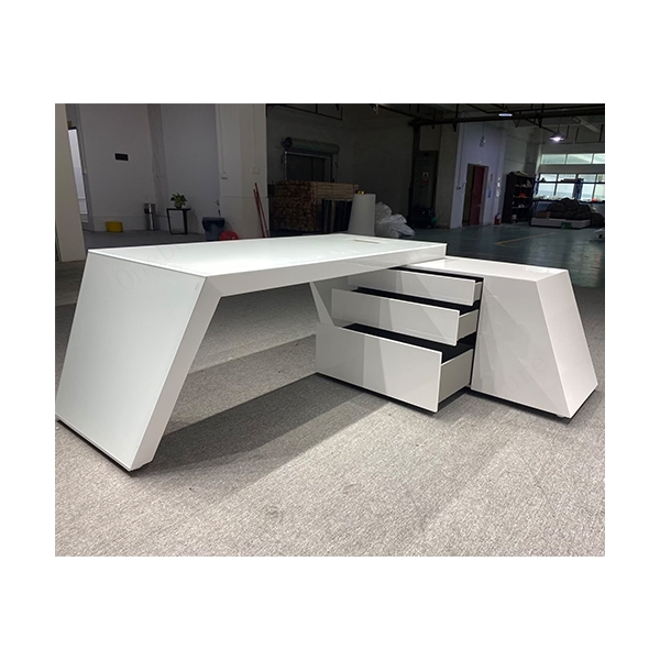 L Shape Staff Office Desk Matte White Corian Work Table Furniture