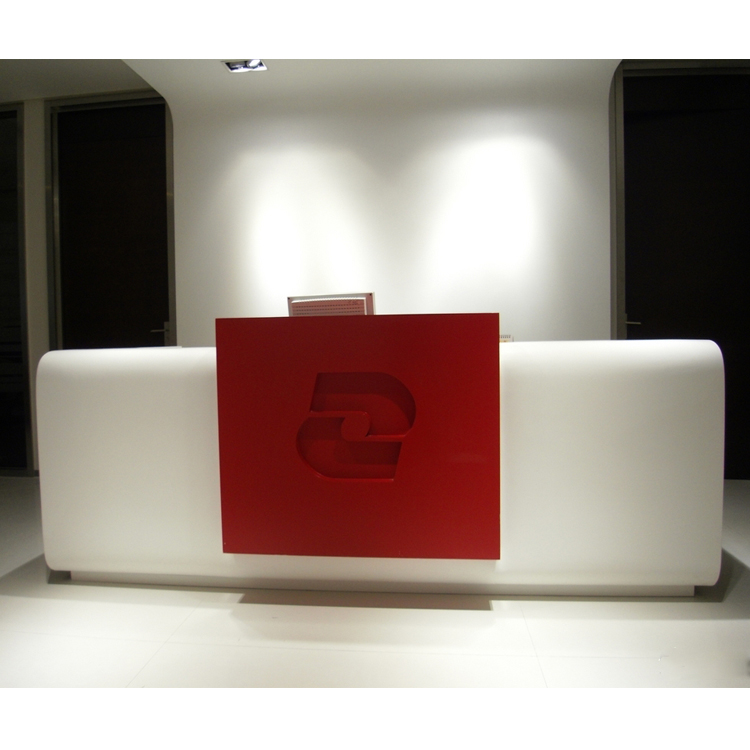 Red and White Airport Reception Desk Design